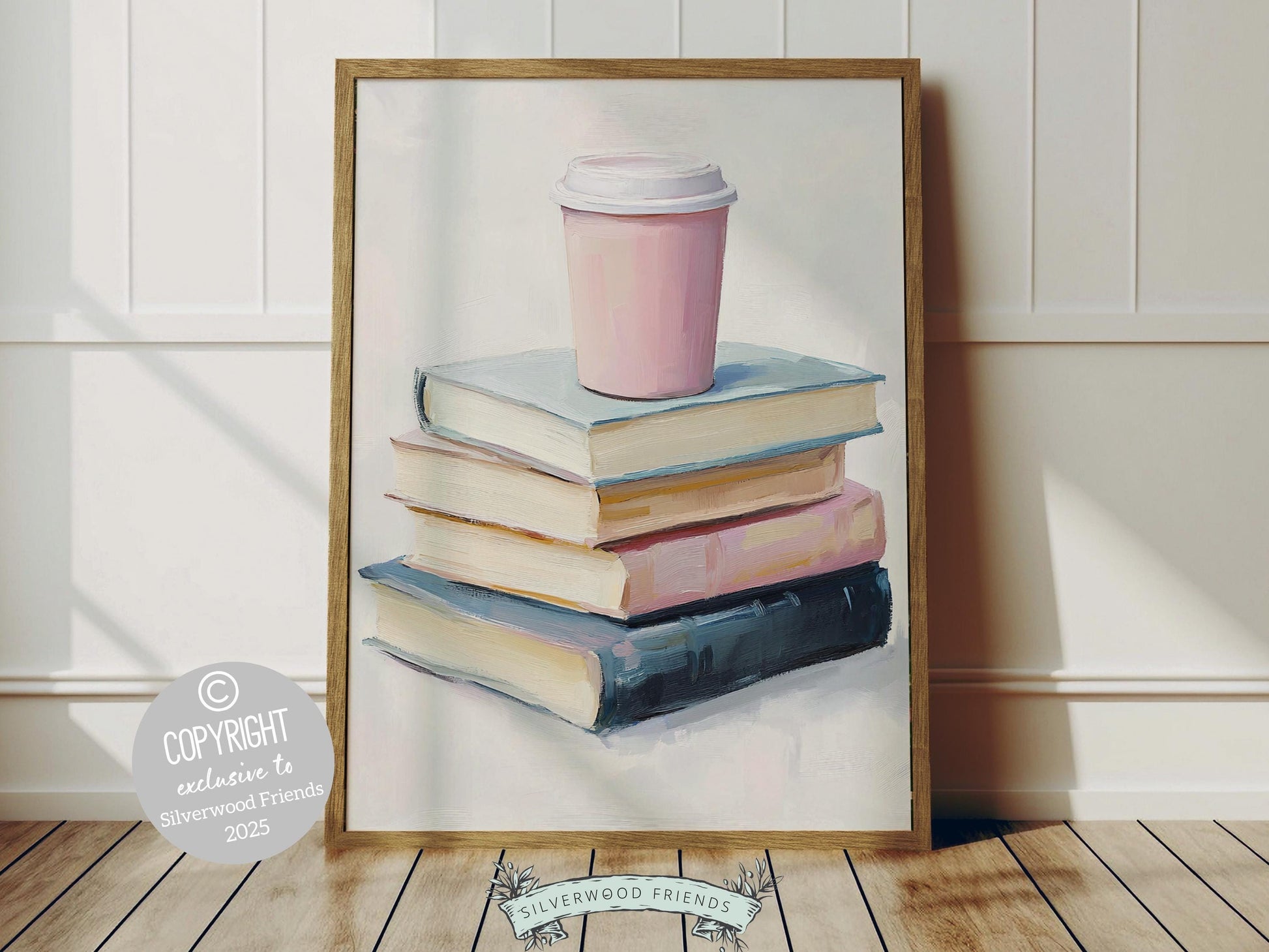 Trendy pastel pink print, featuring a dreamy oil painting-style stack of pastel-colored books and a cozy coffee cup. Perfect for book lovers, writers, and coffee enthusiasts, it’s an ideal choice for decorating your cafe, reading nook, or dorm.