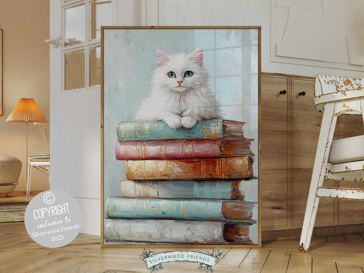 Pastel Cat Book Poster, Cat Painting Print, Pastel Book Nook Library Wall Art Print, Pink Girly Dorm Room Bookish Wall Decor Digital Print