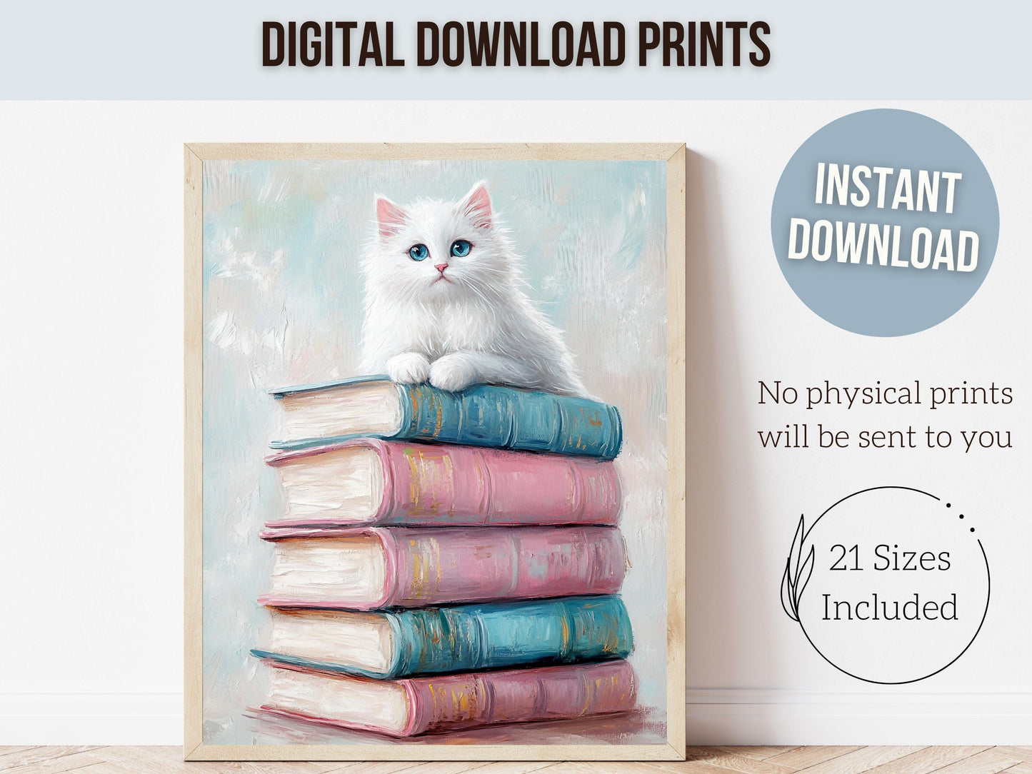 Pastel Cat Book Poster, Cat Painting Print, Pastel Book Nook Library Wall Art Print, Pink Girly Dorm Room Bookish Wall Decor Digital Print