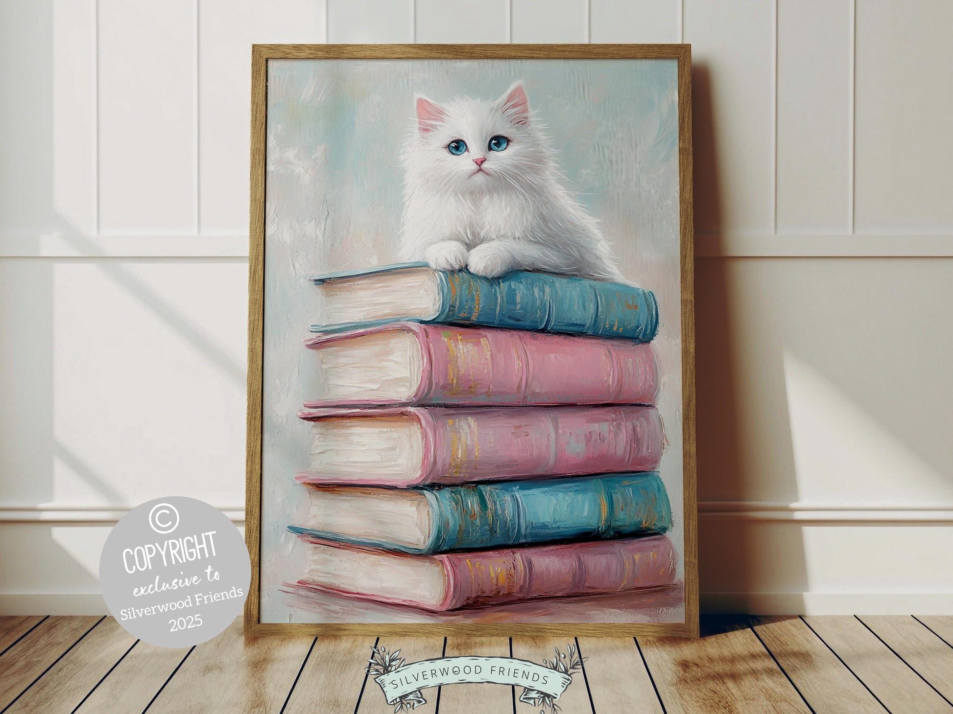 Trendy pastel print, featuring a dreamy oil painting-style stack of pastel-colored books and white cat. Perfect for book lovers and cat lovers alike, it’s an ideal choice for decorating your reading nook or dorm.
