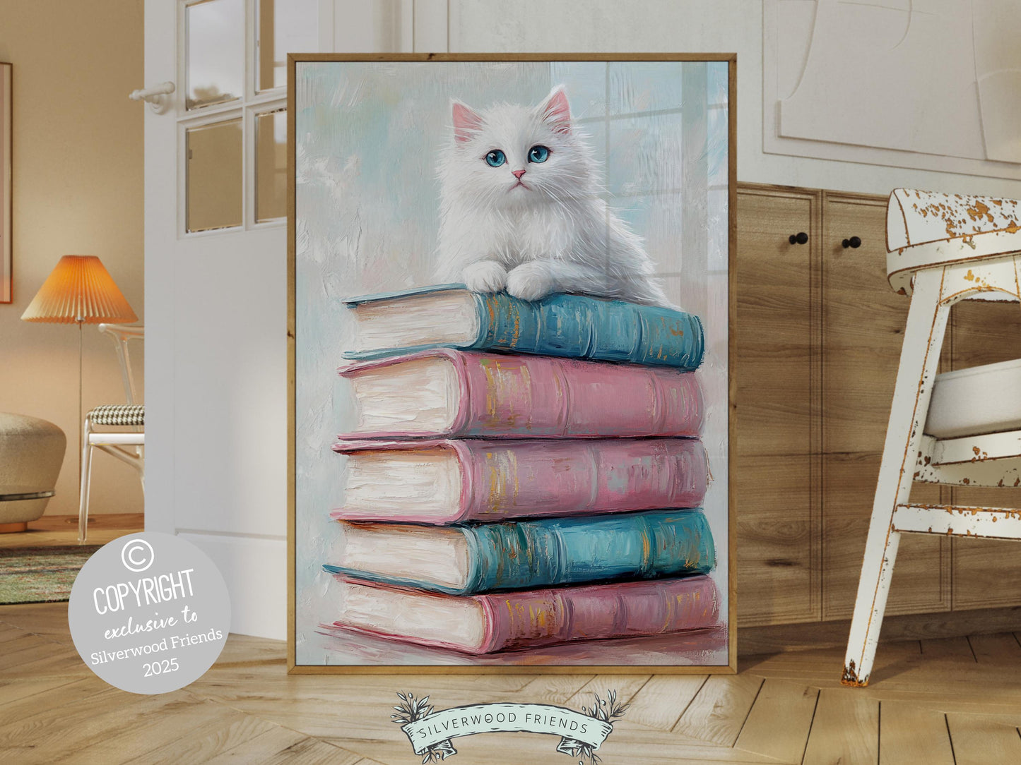 Pastel Cat Book Poster, Cat Painting Print, Pastel Book Nook Library Wall Art Print, Pink Girly Dorm Room Bookish Wall Decor Digital Print