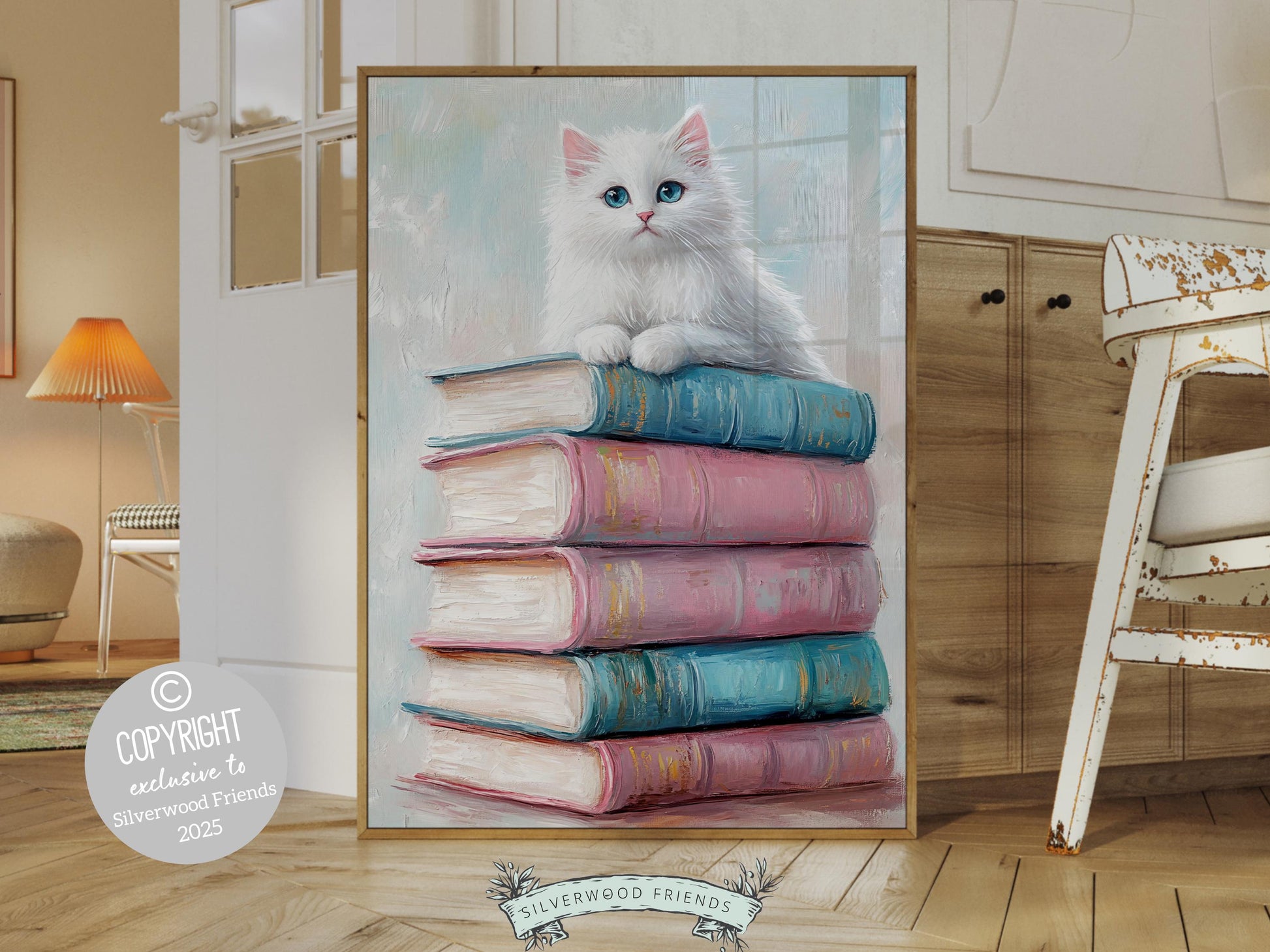 Pastel Cat Book Poster, Cat Painting Print, Pastel Book Nook Library Wall Art Print, Pink Girly Dorm Room Bookish Wall Decor Digital Print