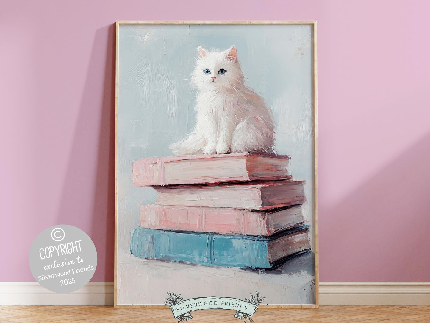 Pastel Cat Book Poster, Cat Painting Print, Pastel Book Nook Library Wall Art Print, Pink Girly Dorm Room Bookish Cat Decor Digital Print