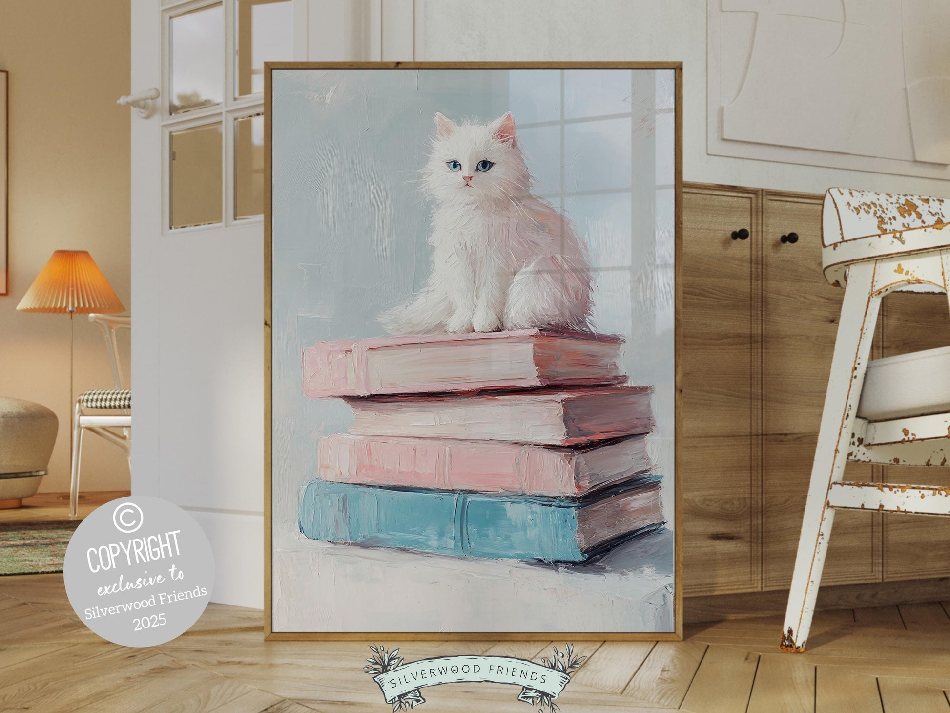 Pastel Cat Book Poster, Cat Painting Print, Pastel Book Nook Library Wall Art Print, Pink Girly Dorm Room Bookish Cat Decor Digital Print