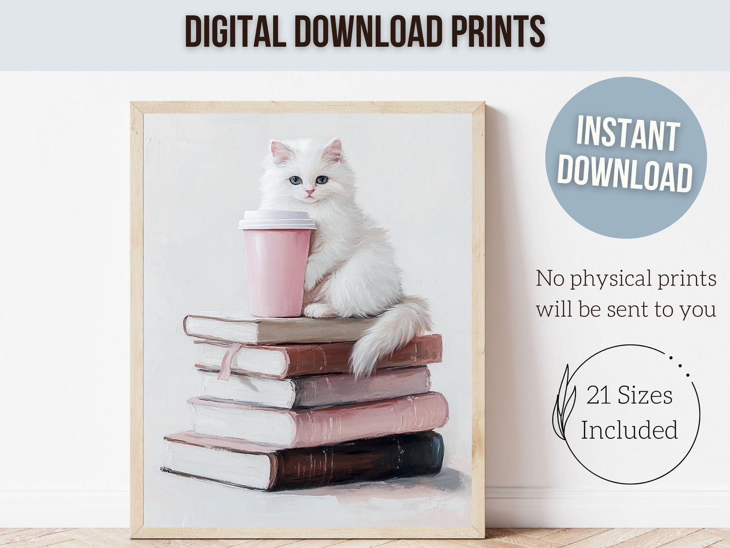 Cat Coffee Book Poster, Cat Painting Print, Pastel Book Nook Library Wall Art, Pink Girly Dorm Room Bookish Cat Coffee Decor Digital Print