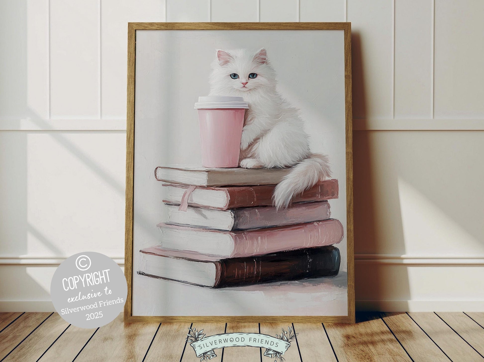 Add a touch of charm to your space with this trendy pastel print, featuring a dreamy oil painting-style stack of pastel-colored books, white cat and coffee. Perfect for book lovers and cat lovers alike,
