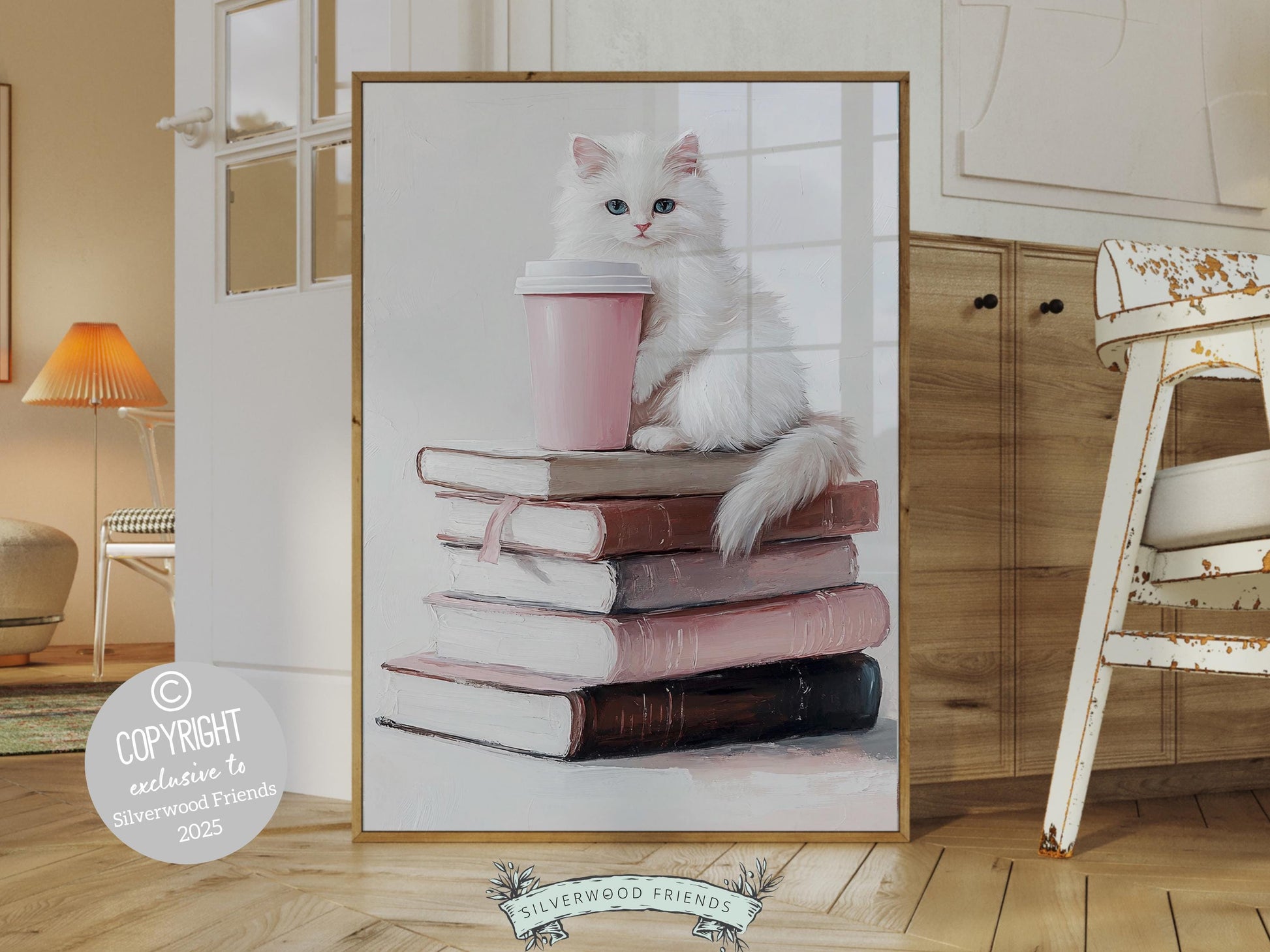 Cat Coffee Book Poster, Cat Painting Print, Pastel Book Nook Library Wall Art, Pink Girly Dorm Room Bookish Cat Coffee Decor Digital Print