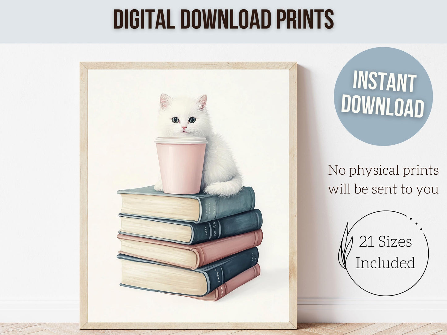 Cat Coffee Book Poster, Cat Painting Print, Pastel Book Nook Library Wall Art, Pink Girly Dorm Room Bookish Cat Coffee Decor Digital Print