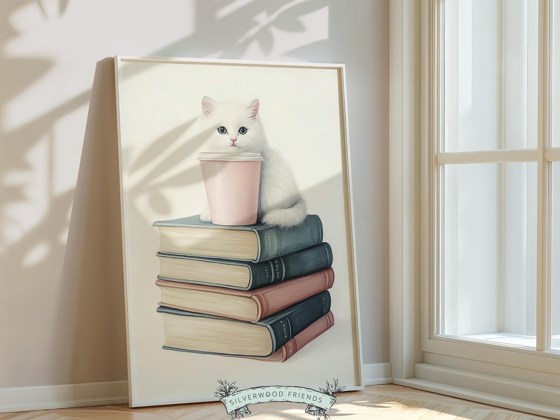 Cat Coffee Book Poster, Cat Painting Print, Pastel Book Nook Library Wall Art, Pink Girly Dorm Room Bookish Cat Coffee Decor Digital Print