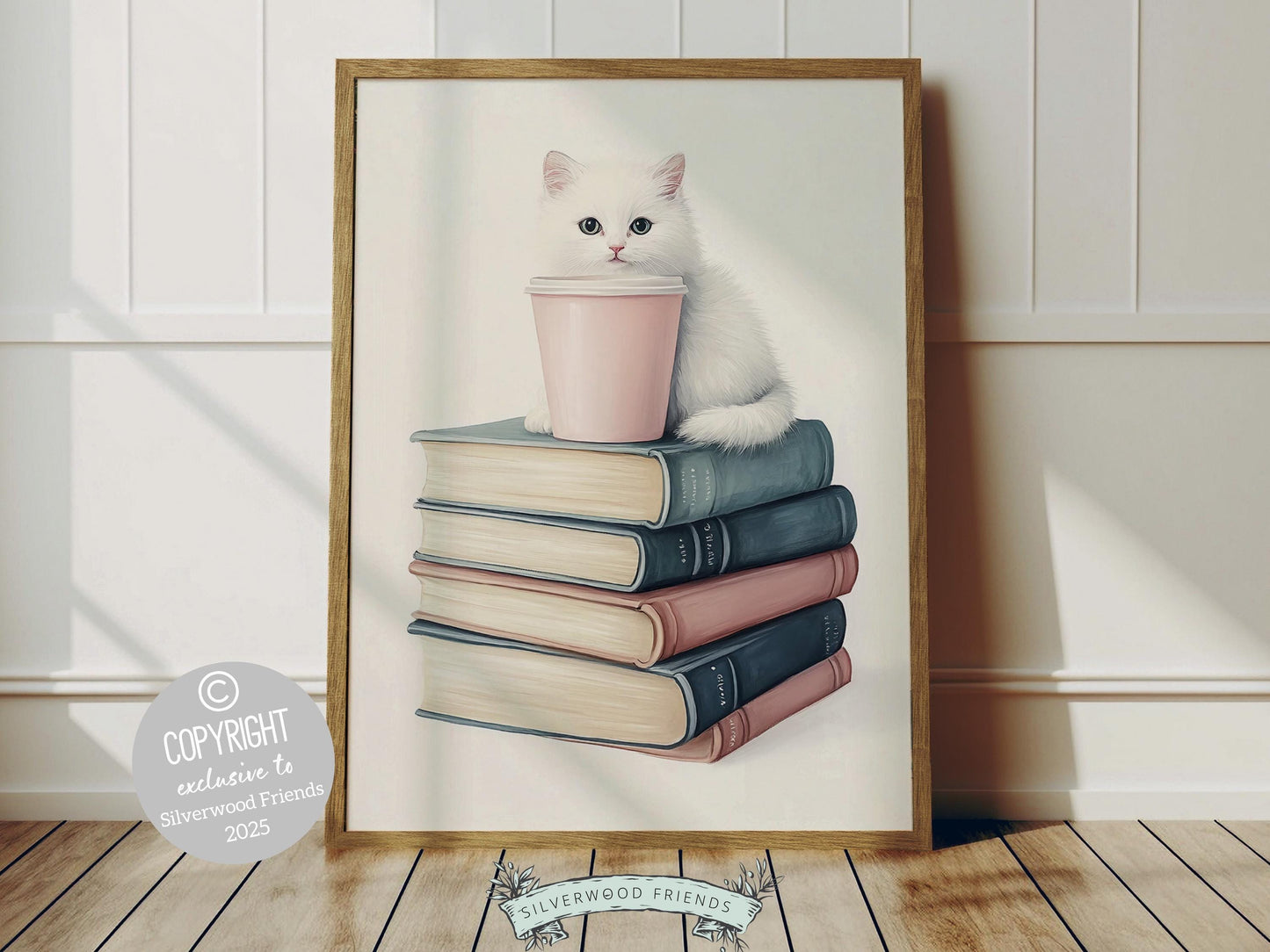 Add a touch of charm to your space with this trendy pastel print, featuring a dreamy watercolor painting-style stack of pastel-colored books, white cat and coffee. Perfect for book lovers and cat lovers alike,