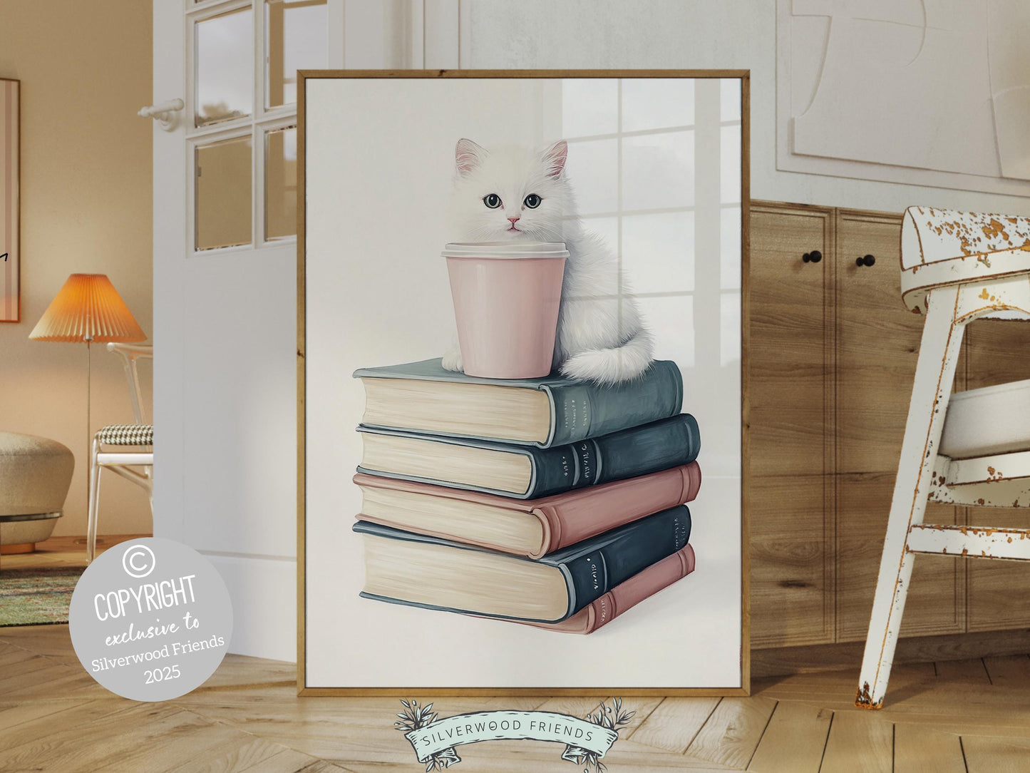 Cat Coffee Book Poster, Cat Painting Print, Pastel Book Nook Library Wall Art, Pink Girly Dorm Room Bookish Cat Coffee Decor Digital Print