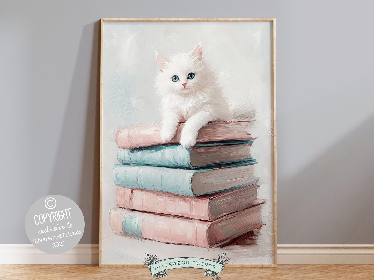 Cat Book Reading Poster, Cat Painting Print, Pastel Book Nook Library Wall Art, Pastel Pink Girly Dorm Room Bookish Cat Decor Digital Print