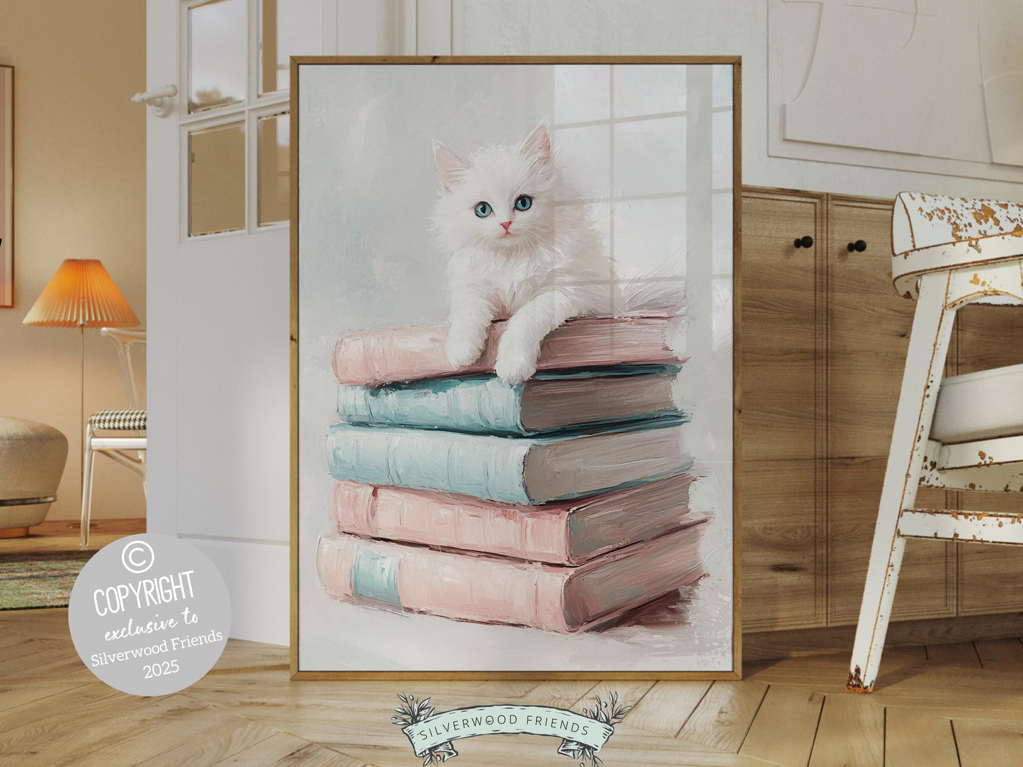 Cat Book Reading Poster, Cat Painting Print, Pastel Book Nook Library Wall Art, Pastel Pink Girly Dorm Room Bookish Cat Decor Digital Print
