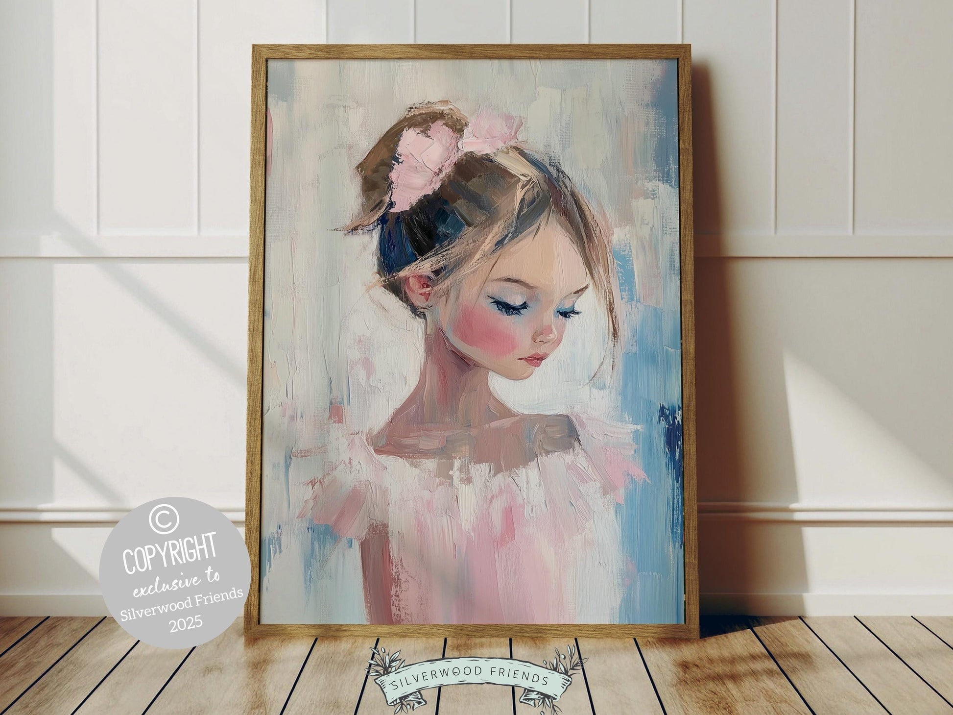 Modern watercolor print, featuring the striking face of a girl in bold pink and blue tones. Perfect for ballerina bedrooms, dorm rooms, apartments, or as a unique housewarming gift, this artwork exudes playful charm and contemporary style.