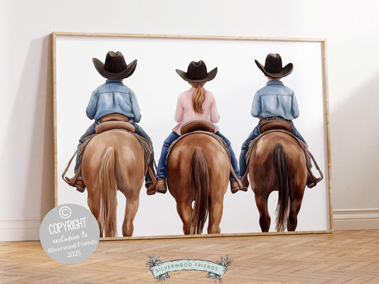 Cowboy Cowgirl Nursery Print, featuring adorable little cowboy brothers and their sister riding their trusty horses. Perfect for western themed decor and a thoughtful baby shower gift for horse loving families.