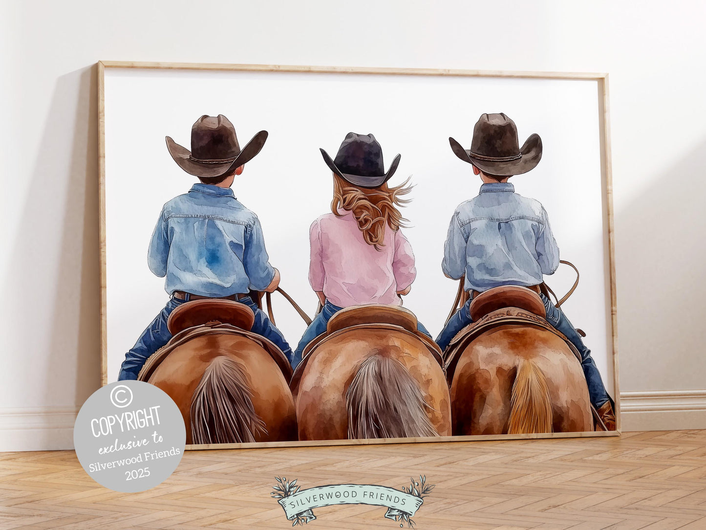 Cowboy Cowgirl Nursery Print, featuring adorable little cowboy brothers and their sister riding their trusty horses. Perfect for western themed decor and a thoughtful baby shower gift for horse loving families.