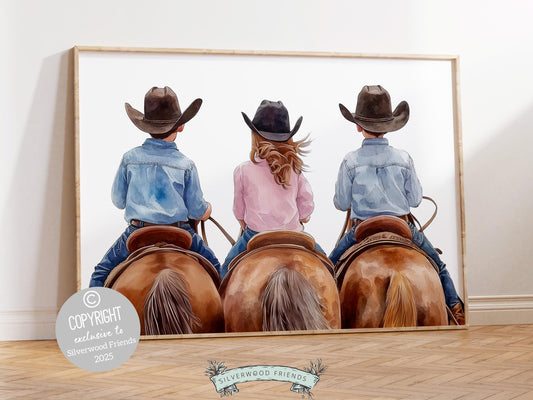 Cowboy Cowgirl Nursery Print, featuring adorable little cowboy brothers and their sister riding their trusty horses. Perfect for western themed decor and a thoughtful baby shower gift for horse loving families.