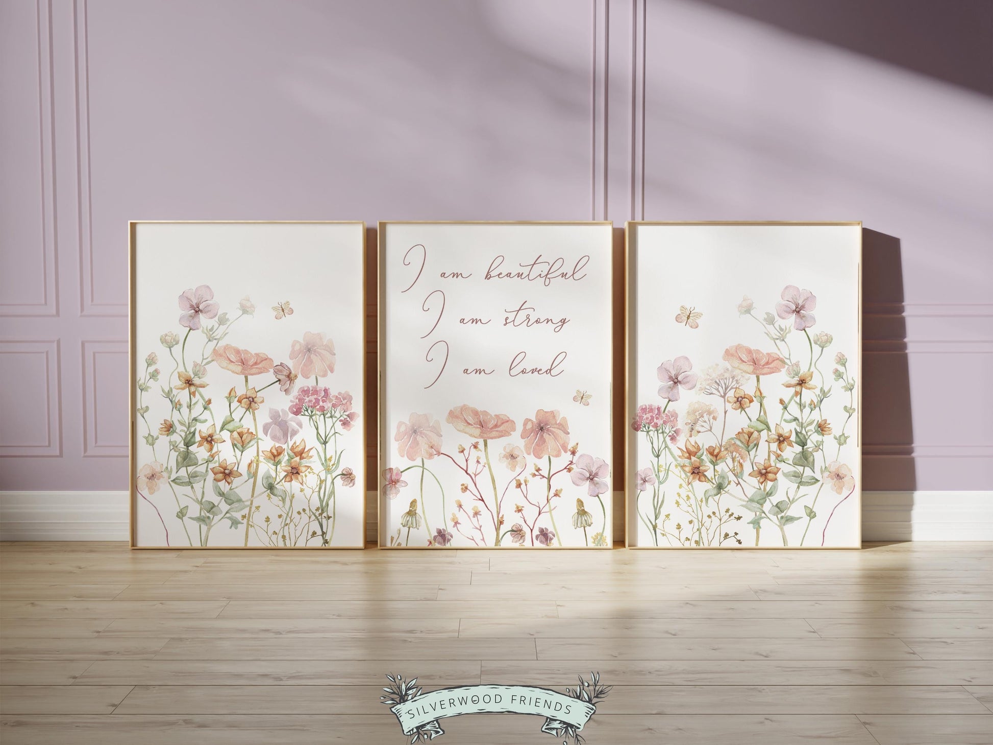 Girls Affirmation Wildflower Nursery Print Set, Boho Floral Wildflower Nursery Wall Art, Girls Positive Affirmations Bedroom Digital Prints