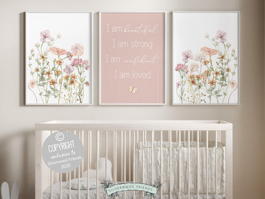 Wildflower Nursery Print Set with watercolor wildflower meadow flowers, butterfly and positive affirmations I am beautiful, I am strong, I am confident, I am loved, is perfect for your wildflower nursery decor and also makes a unique baby shower gift