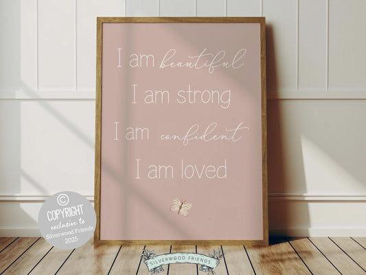 Our gorgeous affirmation print with positive affirmations I am beautiful, I am strong, I am confident, I am loved is perfect for your baby girls nursery decor and also makes a unique baby shower gift.