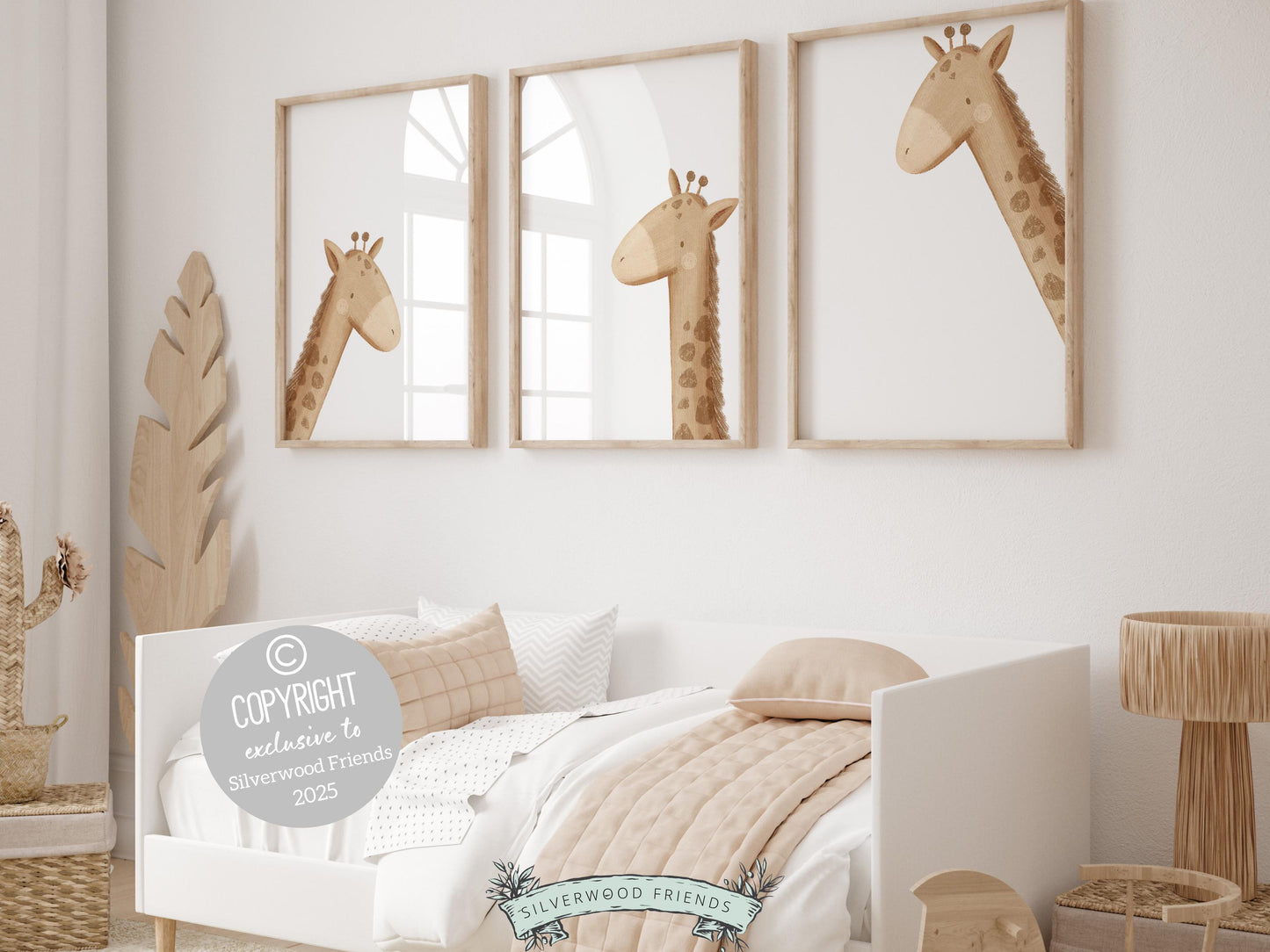 Peeking Giraffe Nursery Prints Set of 3, showcasing minimalist peeking giraffes. These delightful prints are perfect for your safari nursery decor and also make a lovely safari baby shower gift.