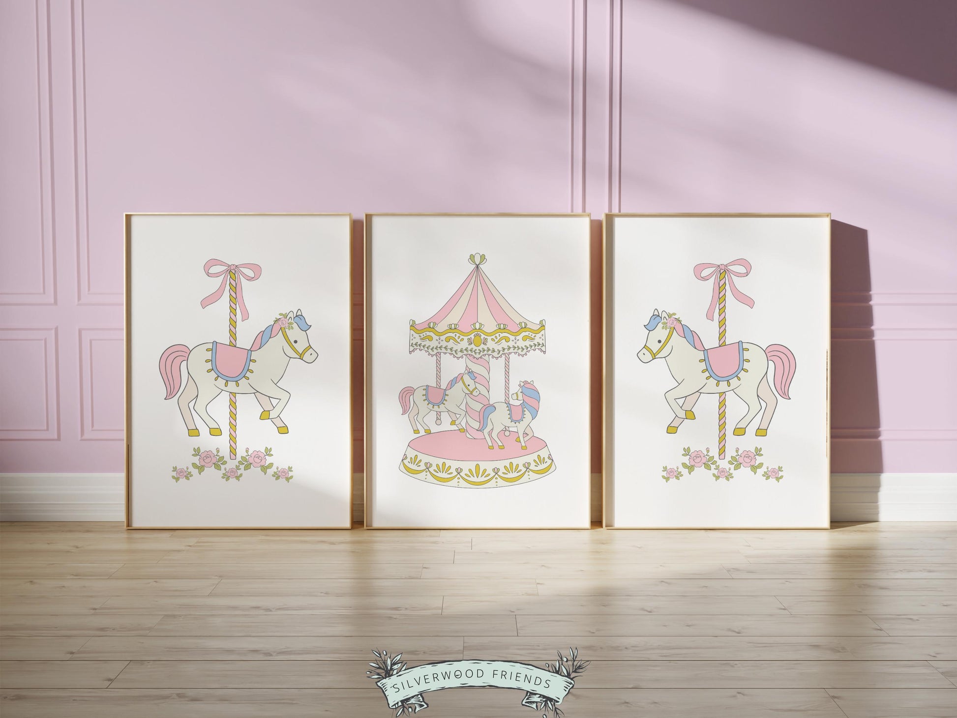Carousel Nursery Prints, Pink Nursery Wall Art, Girl's Horse Nursery Decor, Theme Park Carnival Wall Decor, Preppy Room Decor Digital Print