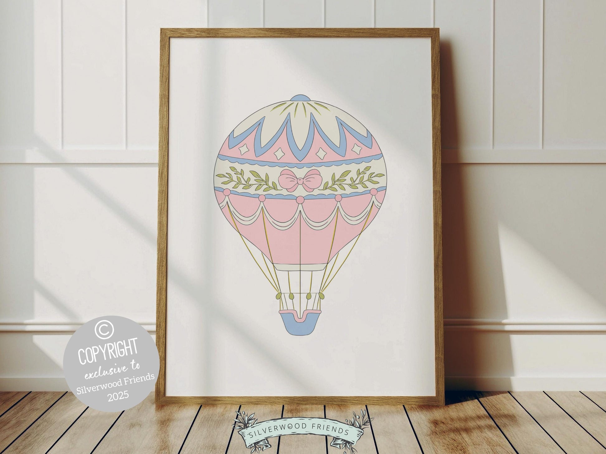 Pink Blue Hot Air Balloon Nursery Prints, Nursery Wall Art, Girl's Nursery Decor, Whimsical Dorm Wall Decor, Baby Girl Nursery Digital Print