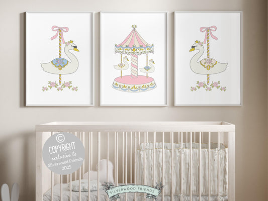 This charming set of carousel prints features delicate pastel pink and blue tones with beautifully detailed carousel swans. Perfect for adding a touch of whimsy to your baby girls nursery decor or as a unique and thoughtful baby shower gift!