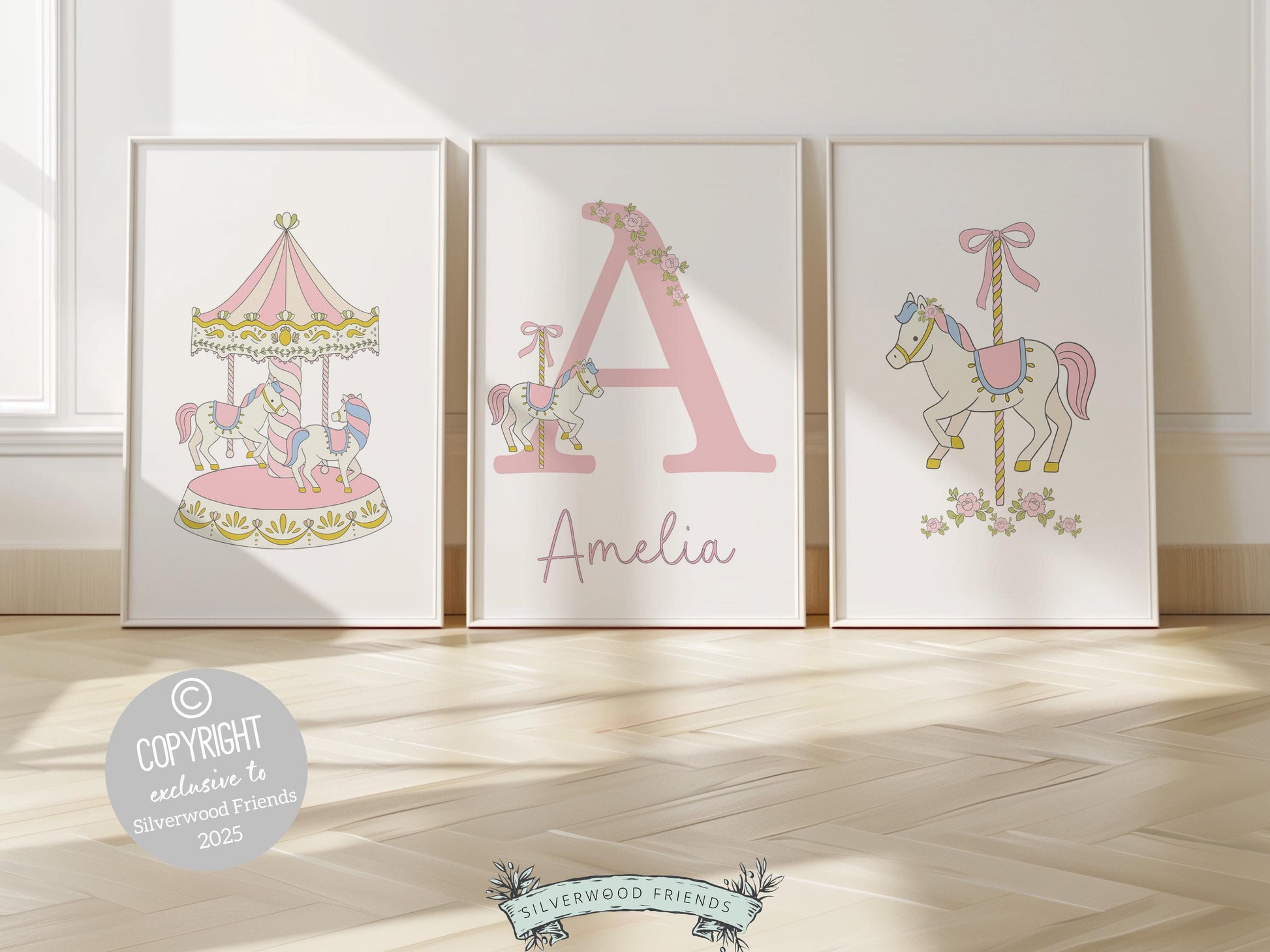 Our gorgeous custom carousel nursery name prints with pastel pink and balloon carousel horses are perfect as a custom nursery print set for your new baby or as a unique baby shower gift.