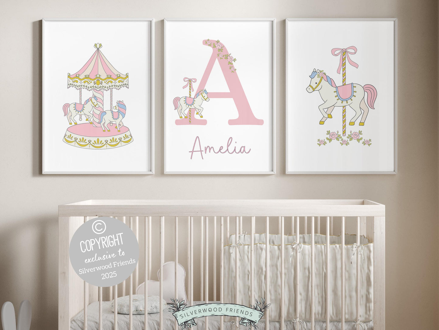 Pink Carousel Nursery Prints, Nursery Wall Art, Baby Girl Whimsical Princess Nursery Decor,Toddler Girl Pastel Room Wall Decor Digital Print