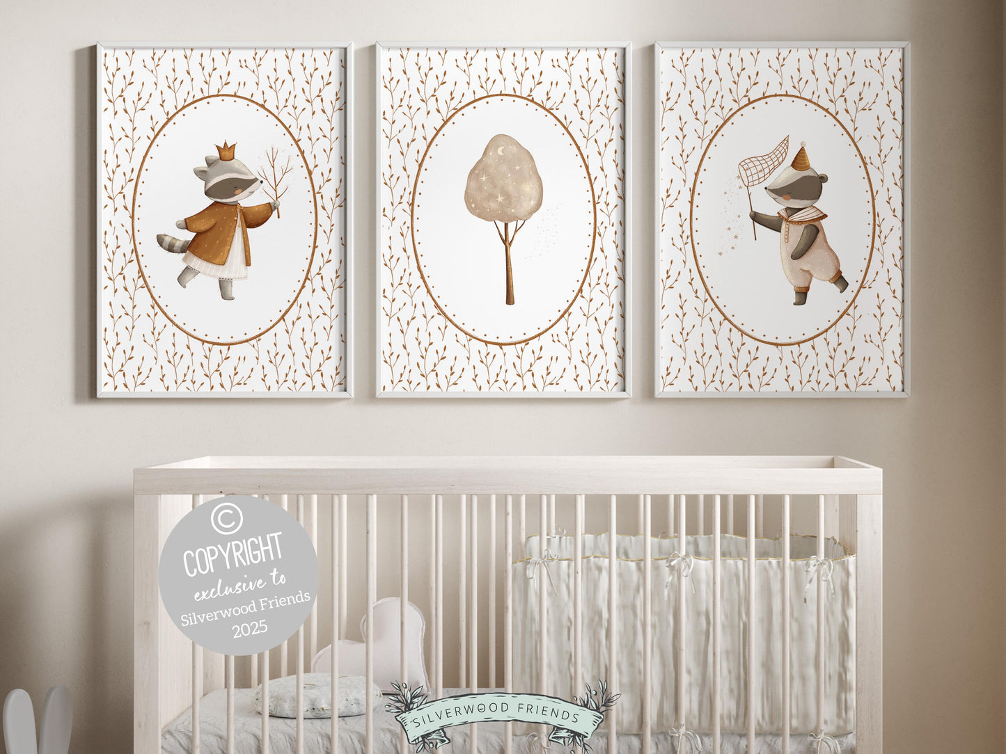 Our delightful Set of 3 Vintage Woodland Nursery Prints features adorable baby racoons with neutral beige/brown leaf pattern. Perfect for your woodland nursery decor and also makes a unique baby shower gift.