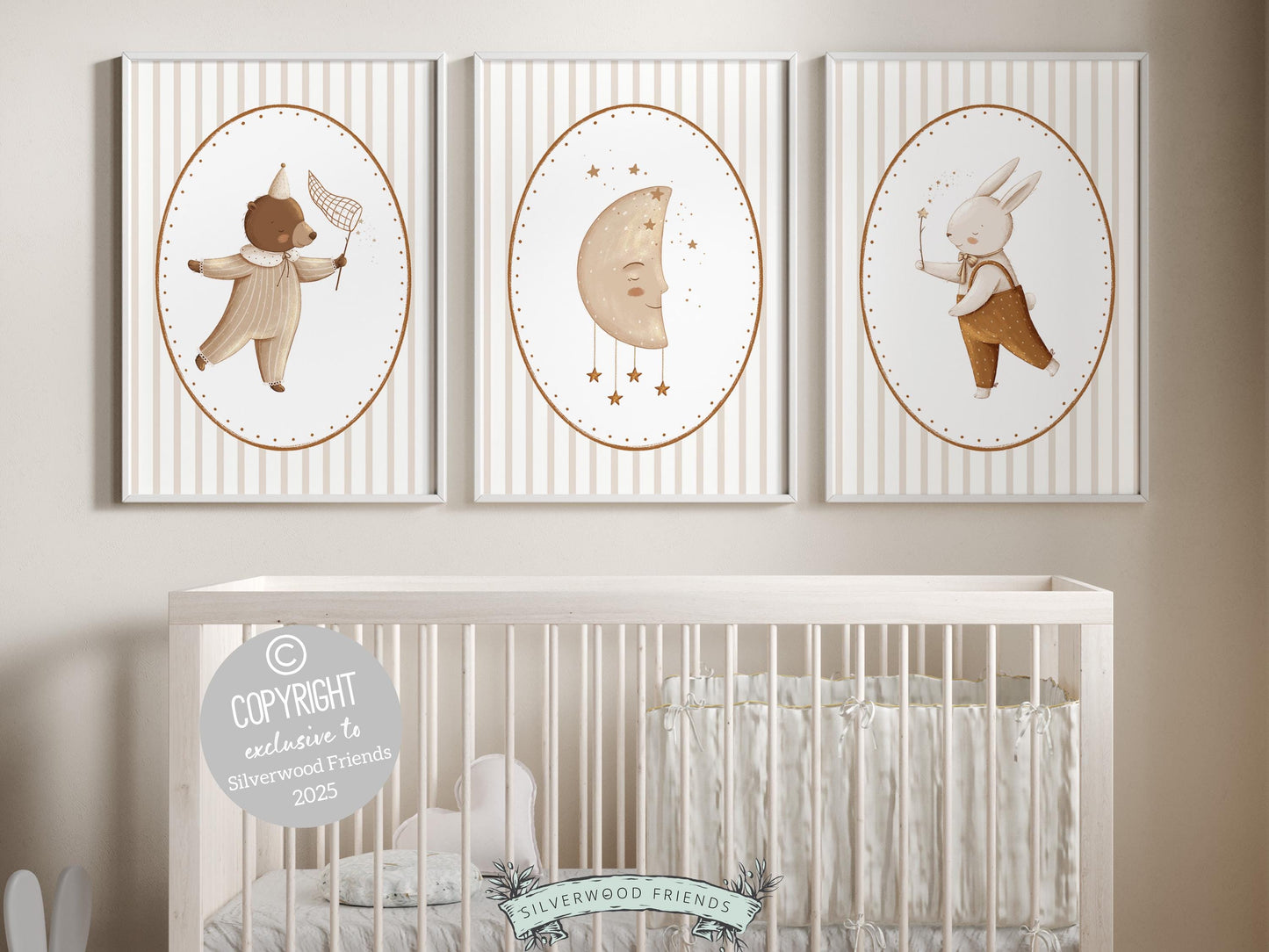 Bear Bunny Nursery Prints, Beige Brown Woodland Bear Bunny Nursery Decor, Teddy Bear Nursery Wall Art Unisex Neutral Nursery Digital Print