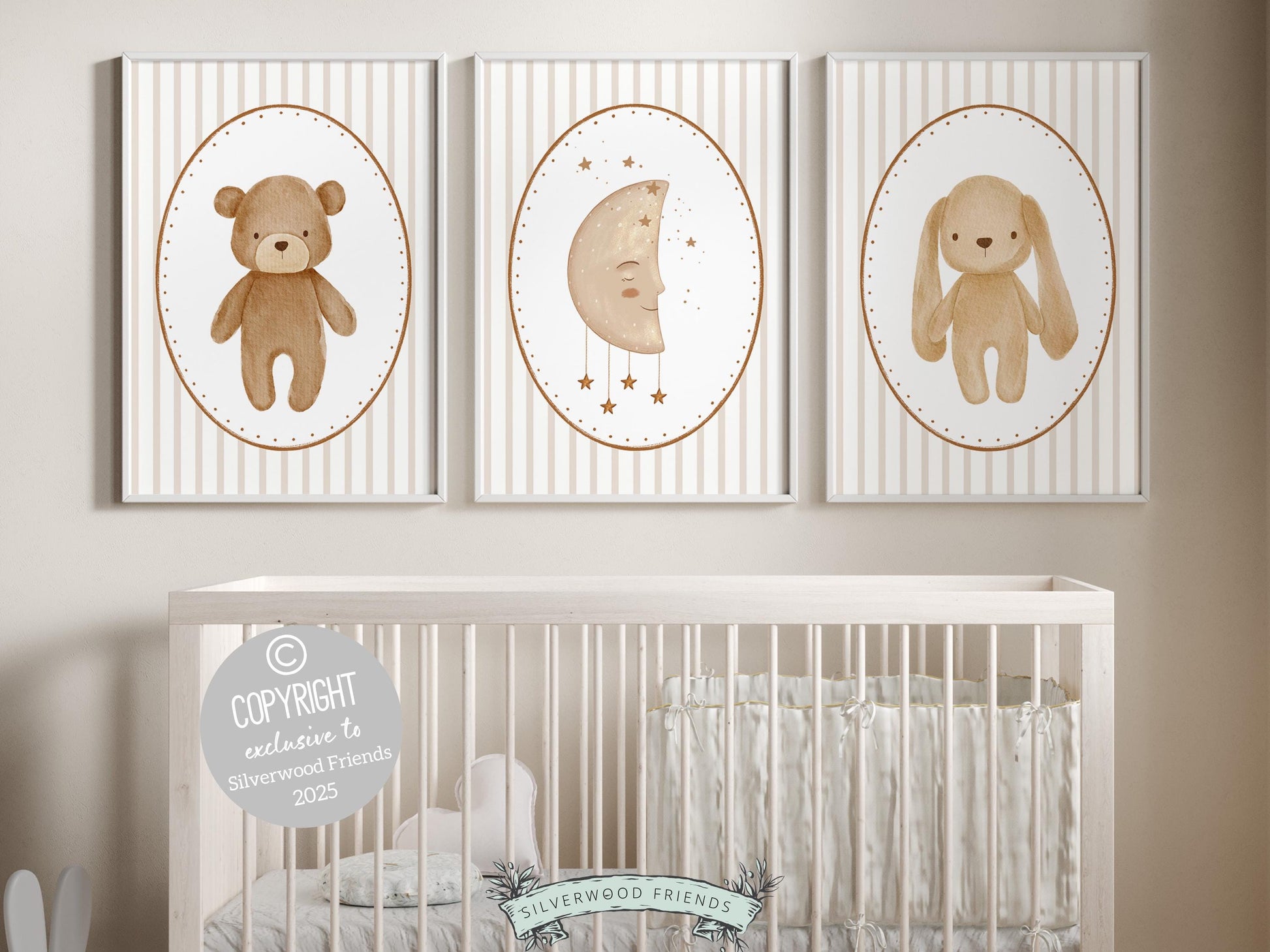 Baby Bear Nursery Prints, Vintage Woodland Teddy Bear Bunny Nursery Decor, Teddy Bear Nursery Wall Art Neutral Unisex Nursery Digital Print