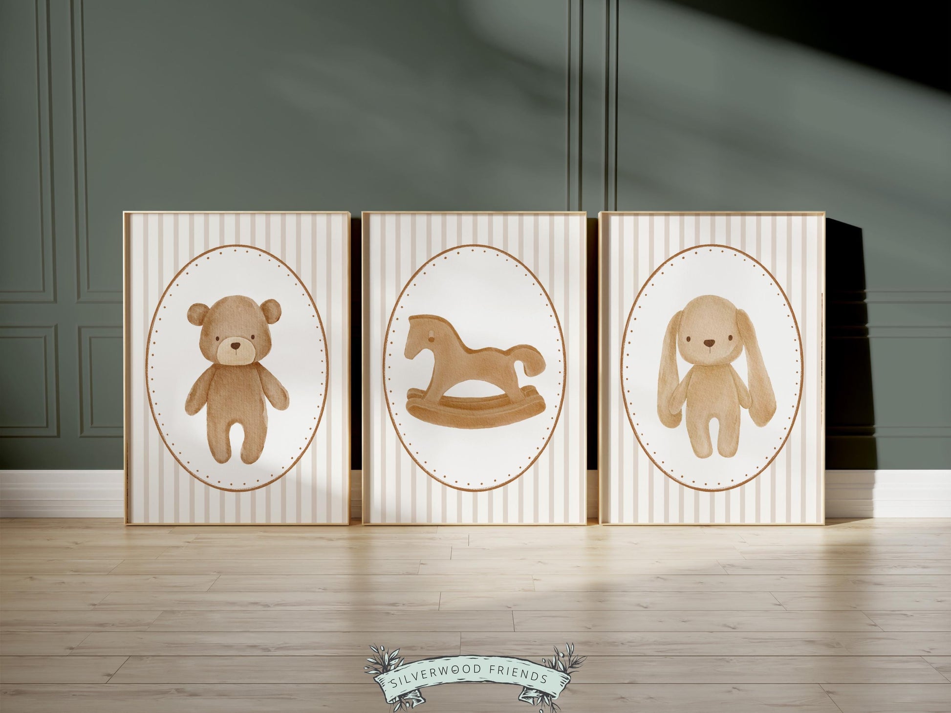 Baby Bear Nursery Prints, Vintage Woodland Teddy Bear Bunny Nursery Decor, Teddy Bear Nursery Wall Art Neutral Unisex Nursery Digital Print