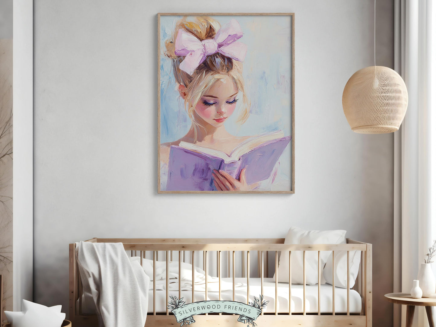 Blonde Girl Reading Painting, Pastel Book Nook Wall Art Print, Preppy College Dorm Bookish Wall Decor, Reading Playroom Poster Digital Print
