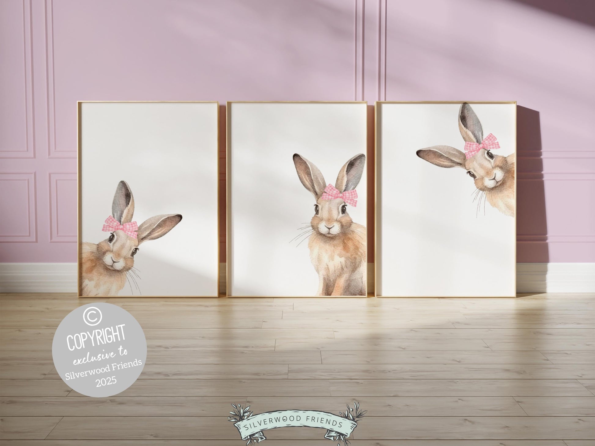Peeking Bunny Nursery Prints, Baby Girl Pink Woodland Animal Bunny Nursery Decor, Baby Girl Bunny Rabbit Bow Nursery Wall Art Digital Prints