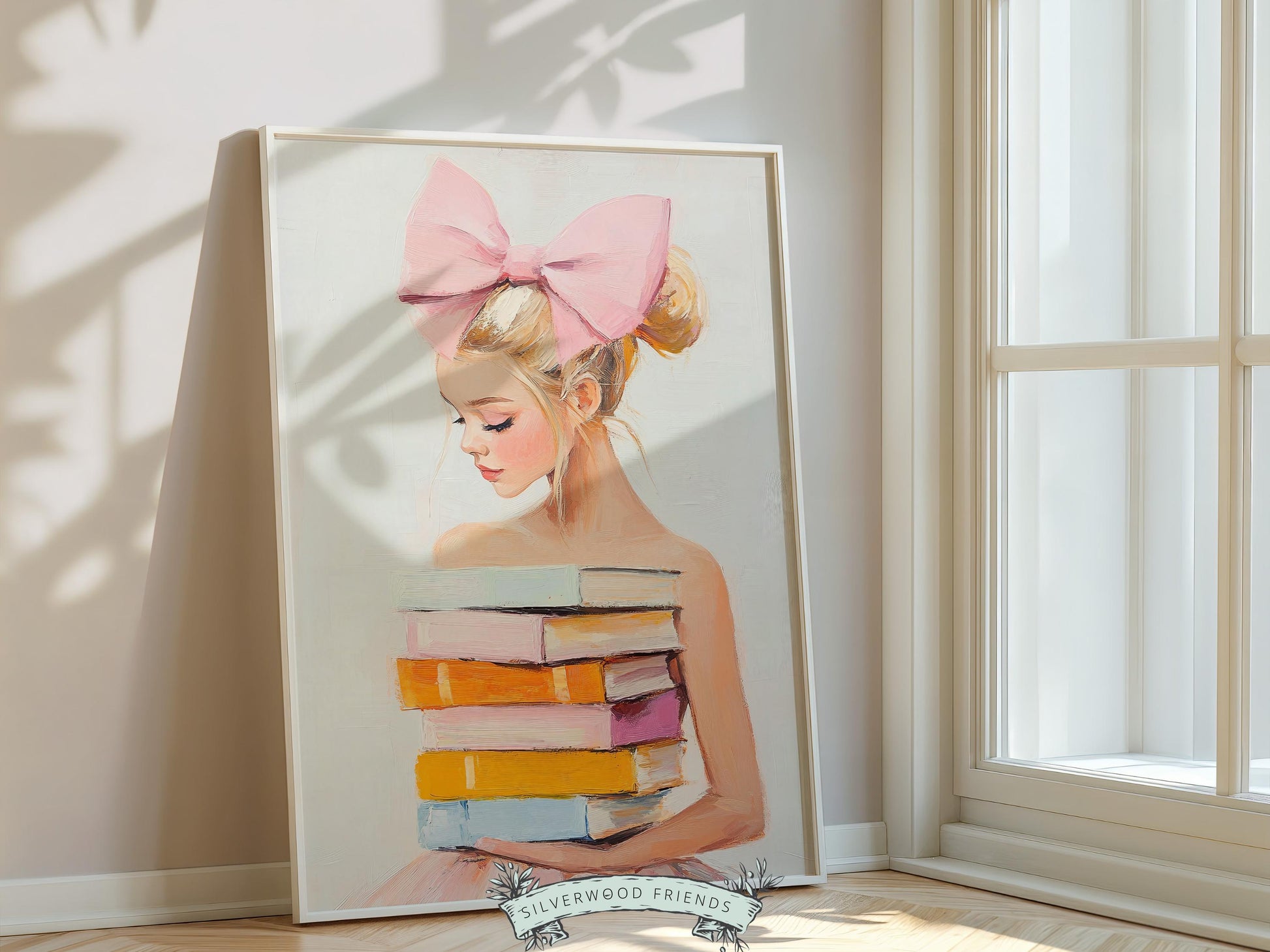 Blonde Girl Reading Poster Print, Pastel Book Nook Library Wall Art Print, Pink Girly Bookish Library Decor Apartment Wall Art Digital Print