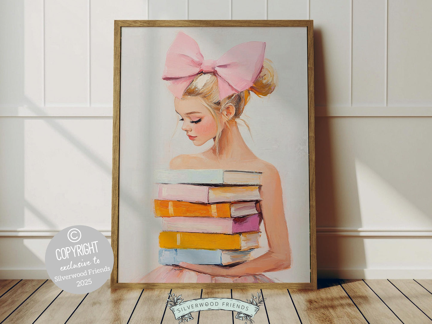 Blonde Girl Reading Poster Print, Pastel Book Nook Library Wall Art Print, Pink Girly Bookish Library Decor Apartment Wall Art Digital Print