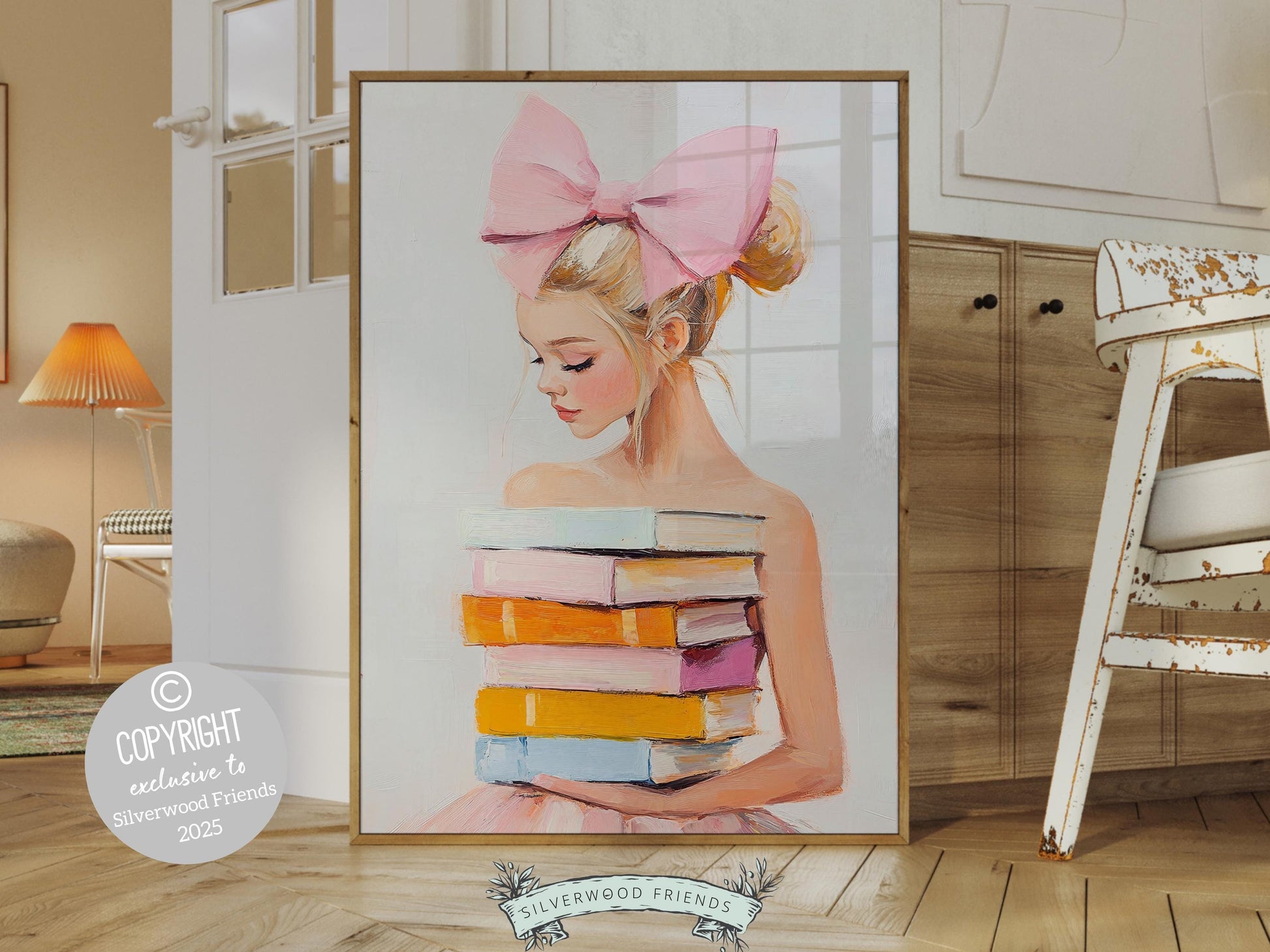 Elevate your space with this trendy pastel pink print, designed in a dreamy oil painting style. Featuring a chic blonde girl holding a stack of pastel-colored books, with a statement pink bow in her hair, this artwork exudes playful charm and whimsy.