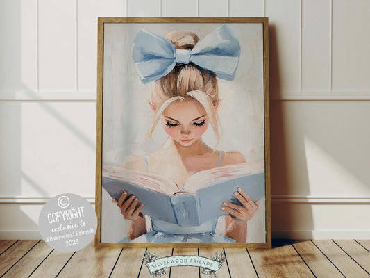 Elevate your space with this trendy pastel print, designed in a dreamy oil painting style. Featuring a chic blonde girl reading a book, complete with a statement blue bow in her hair, this artwork exudes playful charm.