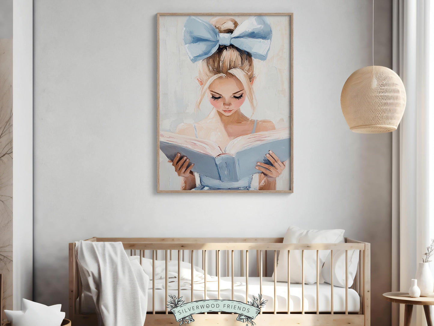 Blonde Girl Reading Poster Print, Pastel Book Nook Library Wall Art Print, Blue Girly Bookish Library Decor Apartment Wall Art Digital Print