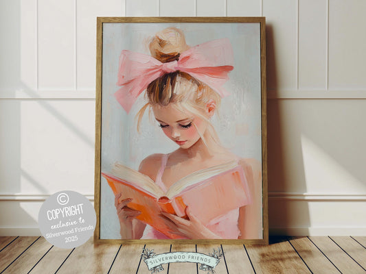 Add a touch of charm to your space with this pastel pink print, styled like an elegant oil painting. Featuring a blonde girl in a ballerina tutu, absorbed in her favourite book, this artwork is the perfect way to showcase your love for reading.