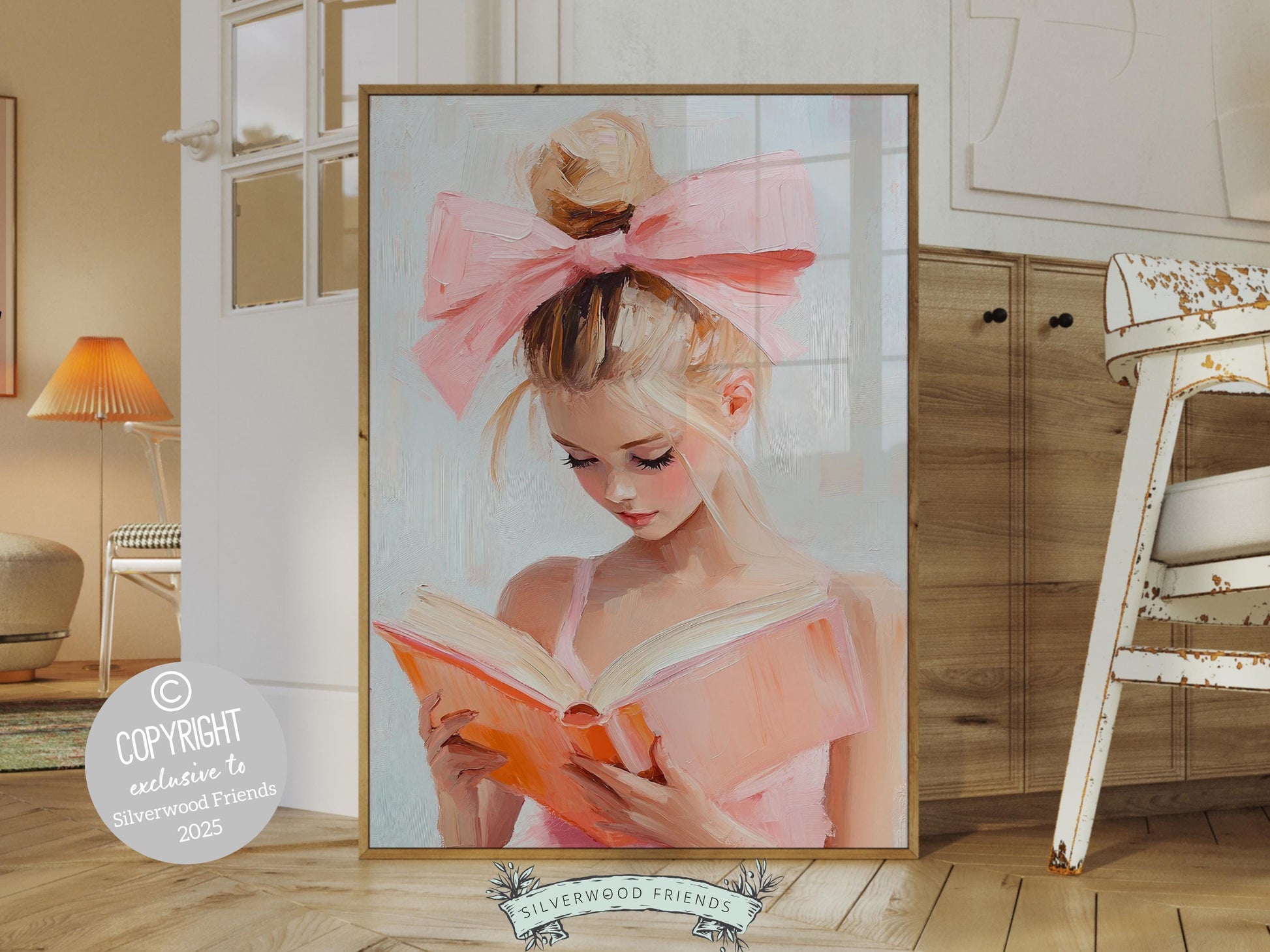 Blonde Girl Reading Poster Print, Pastel Book Nook Library Wall Art Print, Pink Girly Bookish Library Decor Apartment Wall Art Digital Print