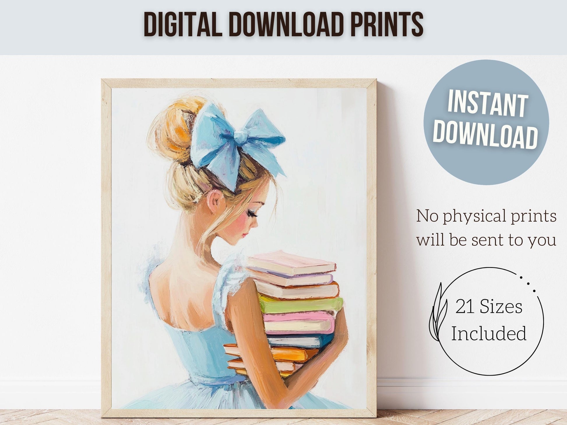 Blonde Girl Reading Poster Print, Pastel Book Nook Library Wall Art Print, Blue Girly Bookish Library Decor Apartment Wall Art Digital Print