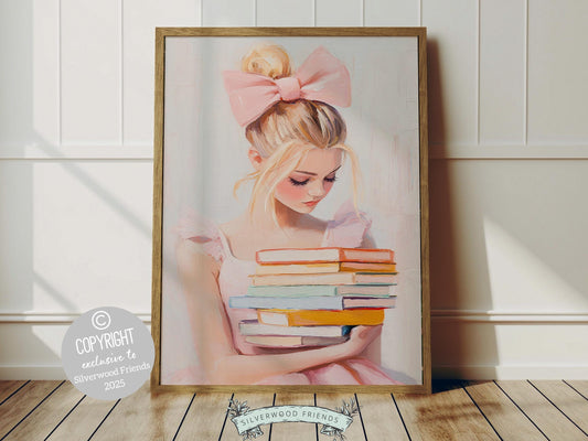 Elevate your space with this trendy pastel pink print, designed in a dreamy oil painting style. Featuring a chic blonde girl holding a stack of pastel-colored books, complete with a statement pink bow in her hair, this artwork exudes playful charm.