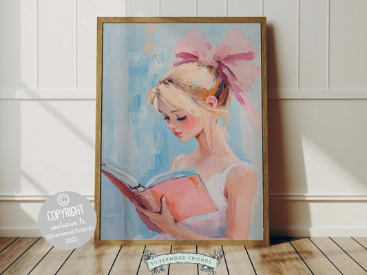 Bring a touch of charm to your space with this dreamy pastel pink print, designed in a oil painting style. Featuring a blonde girl lost in her favourite book, this artwork showcases your love for reading. Perfect for creating a cozy vibe.