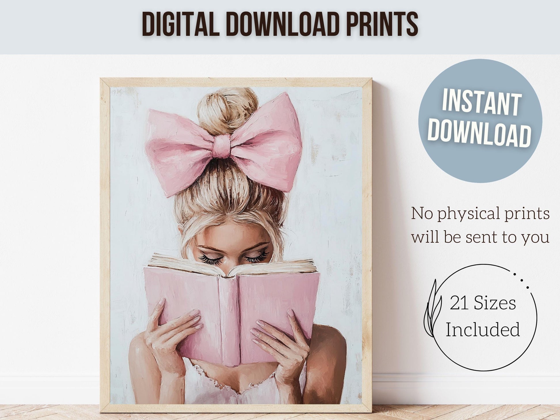 Blonde Girl Reading Poster Print, Pastel Book Nook Wall Art Print, Pink Girly Bookish Library Wall Decor, Reading Dorm Room Digital Print