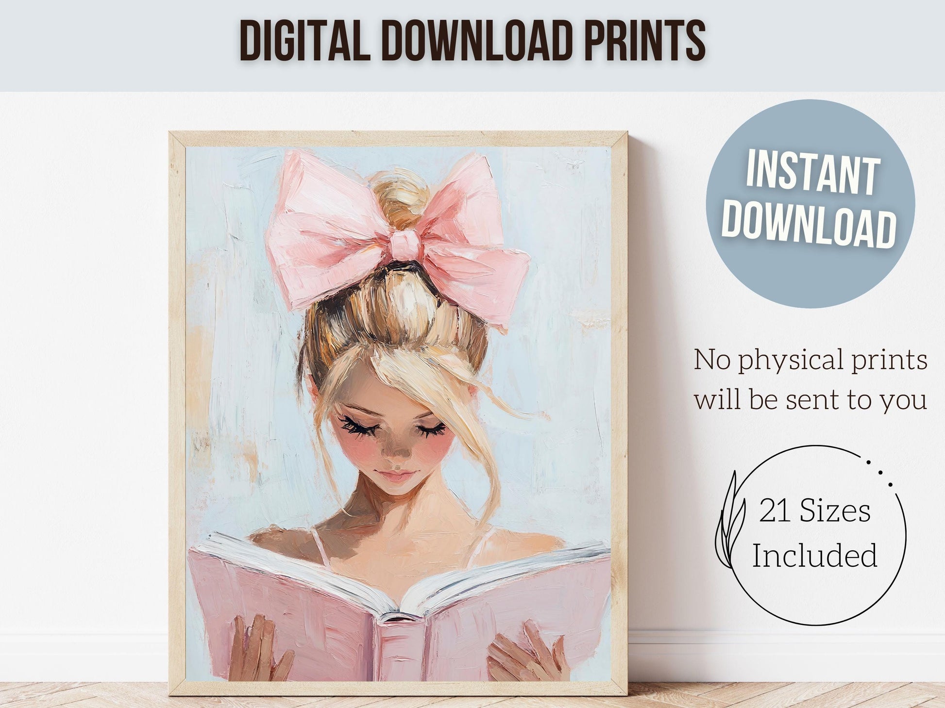 Blonde Girl Reading Poster Print, Pastel Book Nook Library Wall Art Print, Pink Girly Bookish Library Decor, Preppy Dorm Room Digital Print
