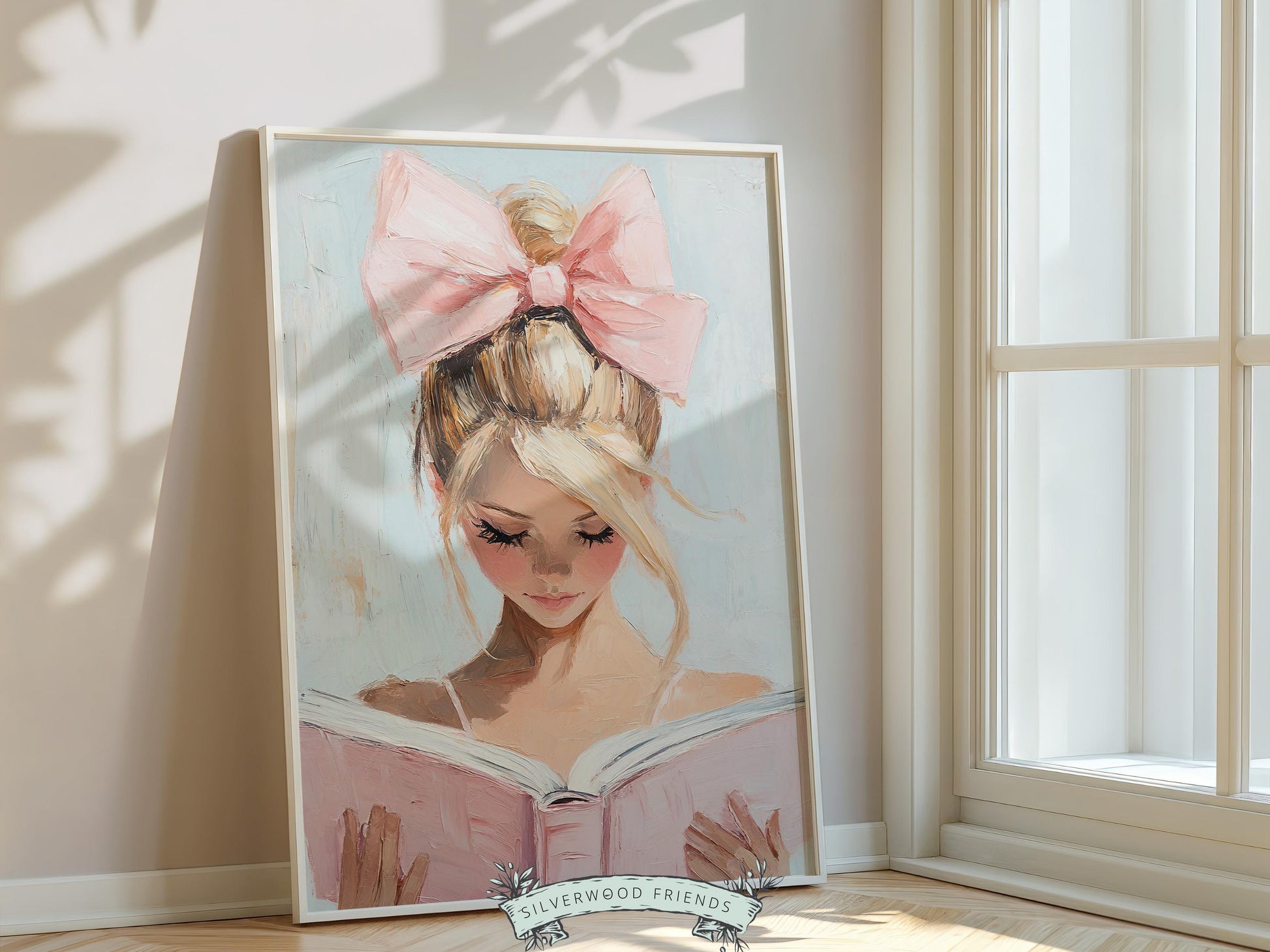 Blonde Girl Reading Poster Print, Pastel Book Nook Library Wall Art Print, Pink Girly Bookish Library Decor, Preppy Dorm Room Digital Print