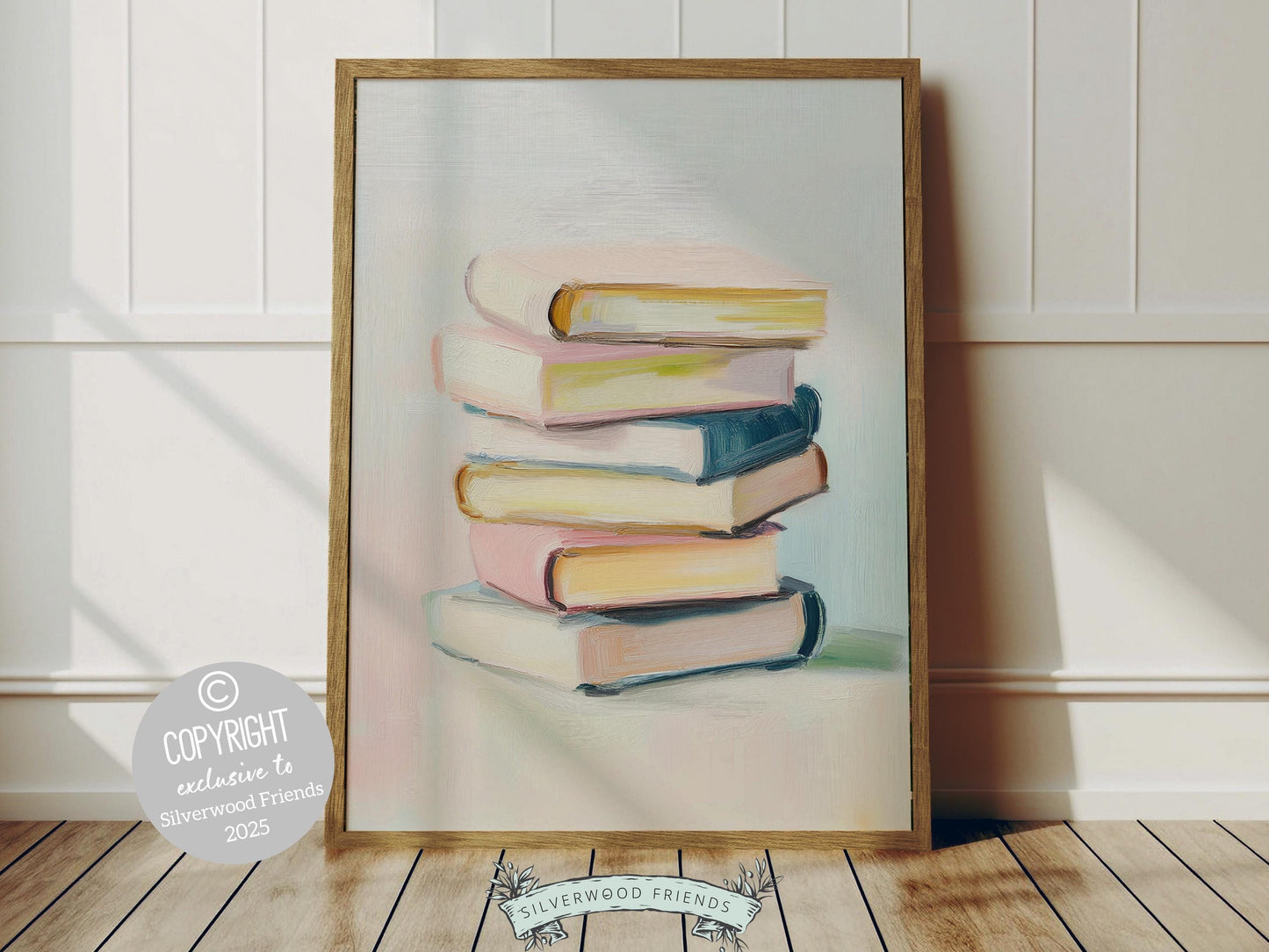 Elevate your space with this trendy pastel pink print, featuring a dreamy oil painting-style stack of pastel colored books that exudes charm and whimsy. Perfect for book lovers and writers, it’s ideal for adding personality to your reading nook.
